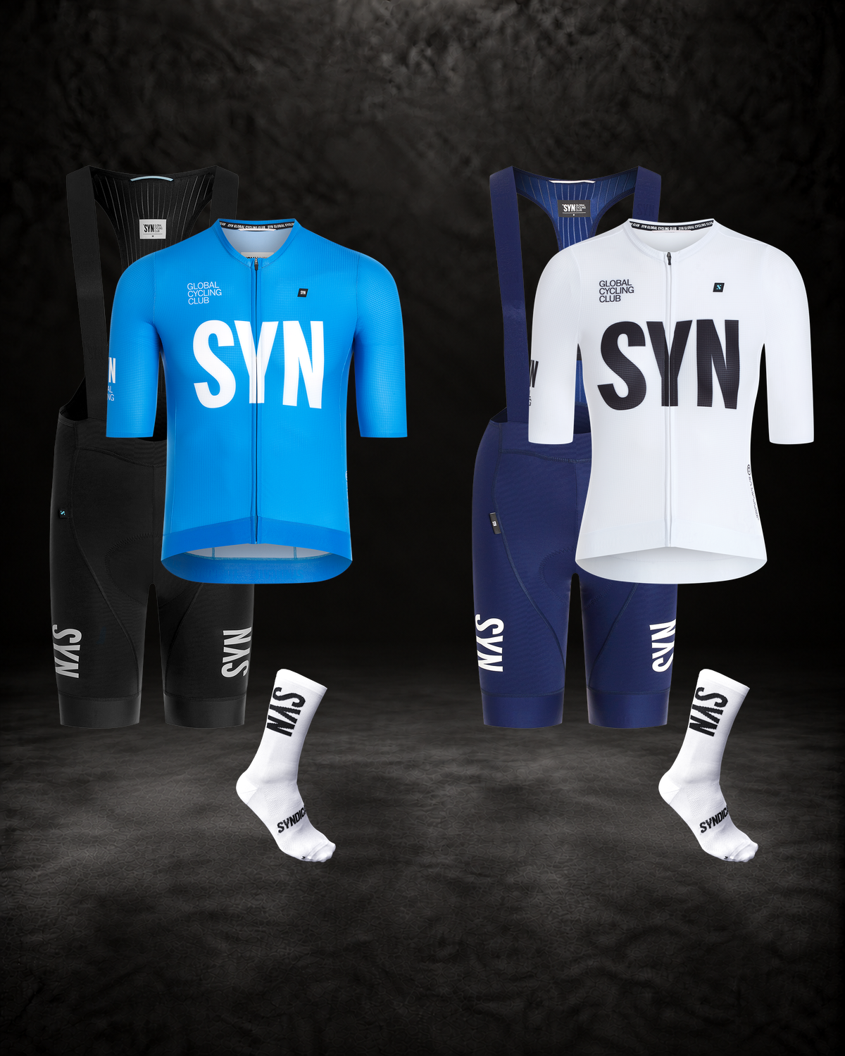 SYN Pro 2.0 bundle med originale produktbilleder: Daytona og hvid jersey, sorte og marineblå bibs