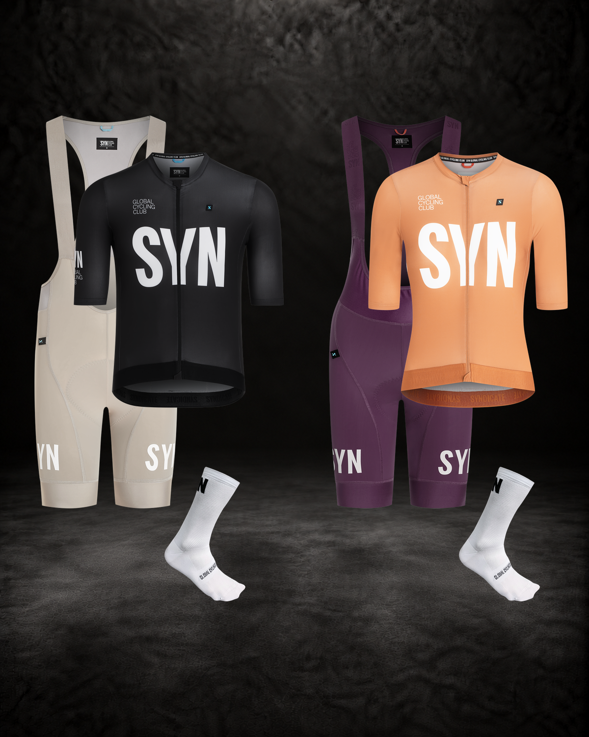 SYN Training 2.0 bundle med originale produktbilleder: sort og Giza jersey, Sand og Electric bibs